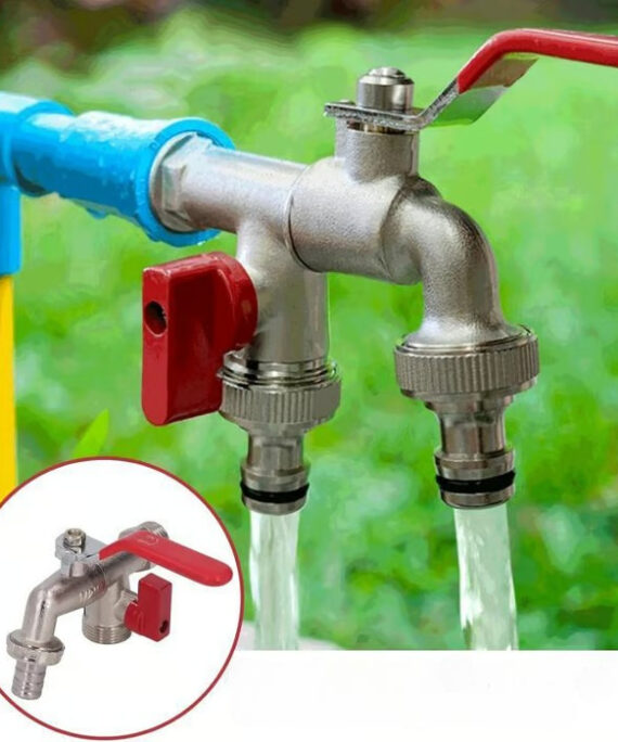 Universal garden hose tap with dual outlet